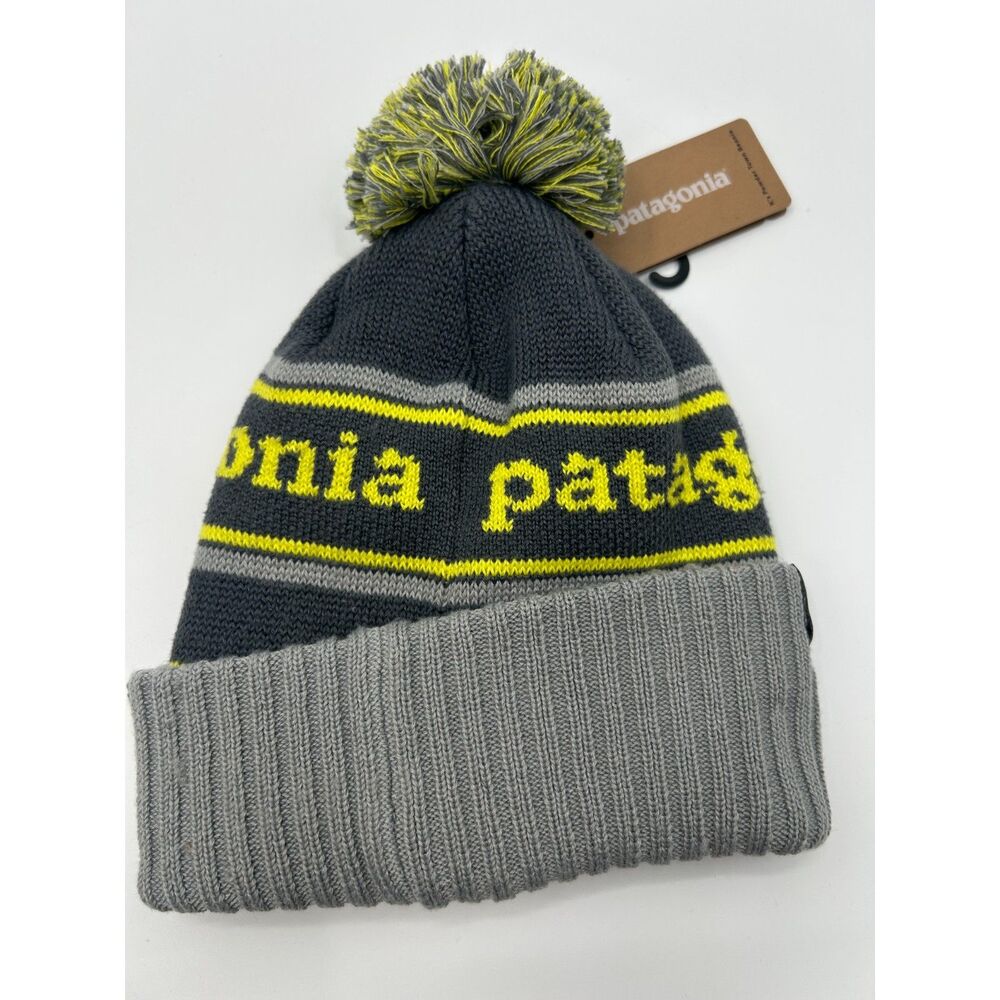 Patagonia Kids Powder Town Beanie Park Stripe Gray Green One Size NWT